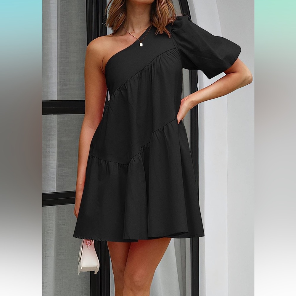 Summer Casual One Shoulder Mini Babydoll Dress Puff Sleeve Loose Tiered A Line